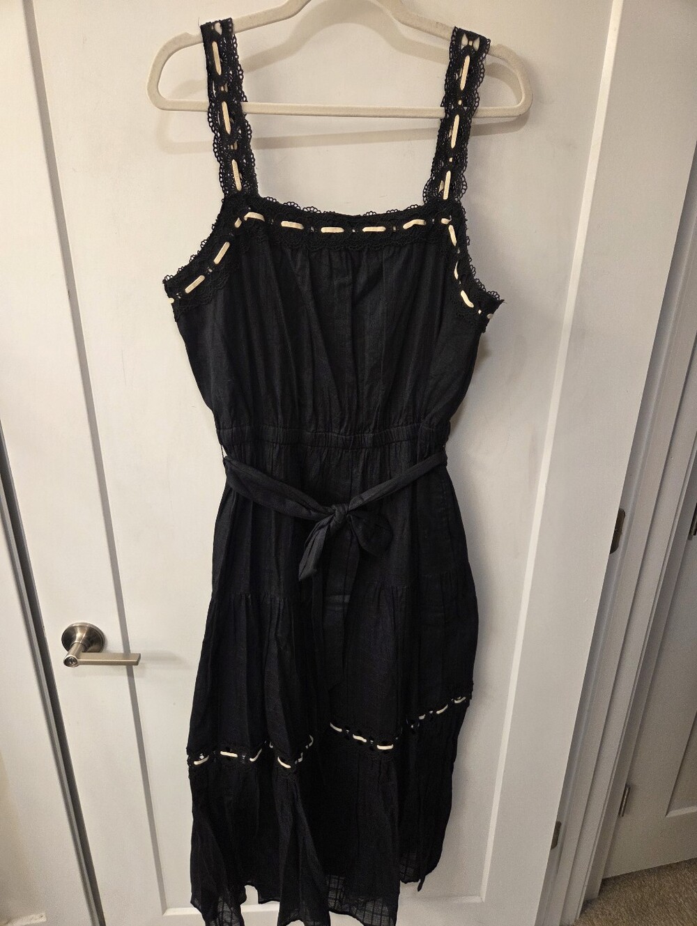 NWT- Anne Klein Lace Detail Cotton Tie Belt Stitching Accents Maxi Dress-Size 14 - Picture 5 of 16
